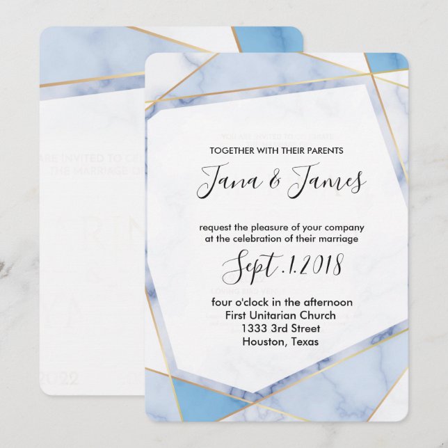 White & blue Marble Gold frame  Modern Wedding Invitation (Front/Back)