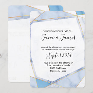 White & blue Marble Gold frame Modern Wedding Invitation