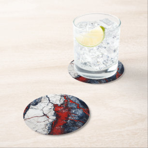 White Blue Marble Pattern Round Paper Coaster