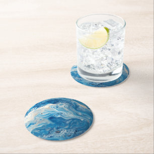 White Blue Marble Pattern Round Paper Coaster