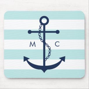 White Blue Mint Monogram Stripes Anchor Mouse Mat