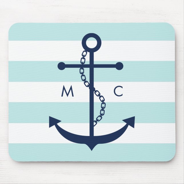 White Blue Mint Monogram Stripes Anchor Mouse Mat (Front)