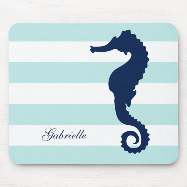 White Blue Mint Stripes Seahorse Mouse Mat (Front)