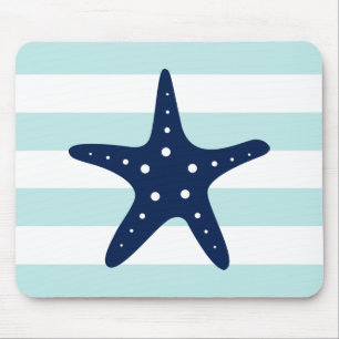 White Blue Mint Stripes Starfish Mouse Mat