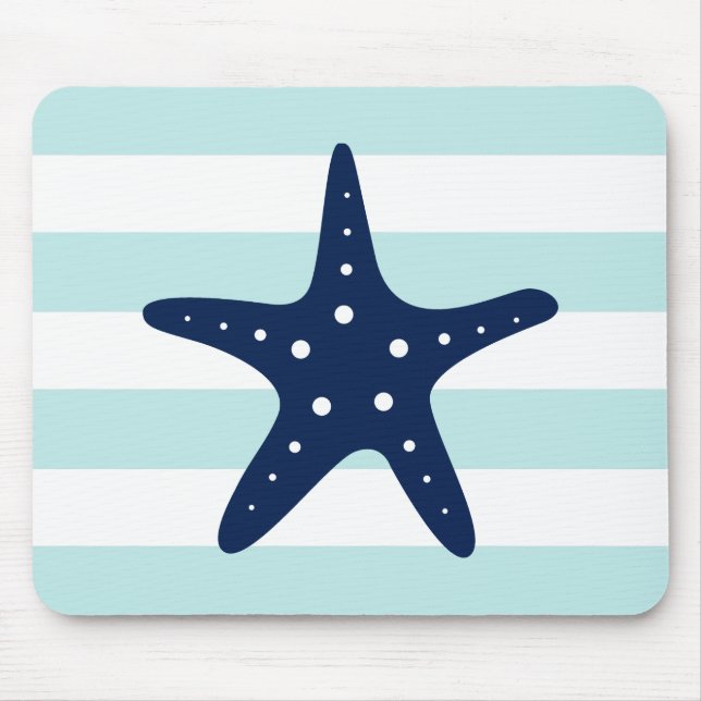 White Blue Mint Stripes Starfish Mouse Mat (Front)