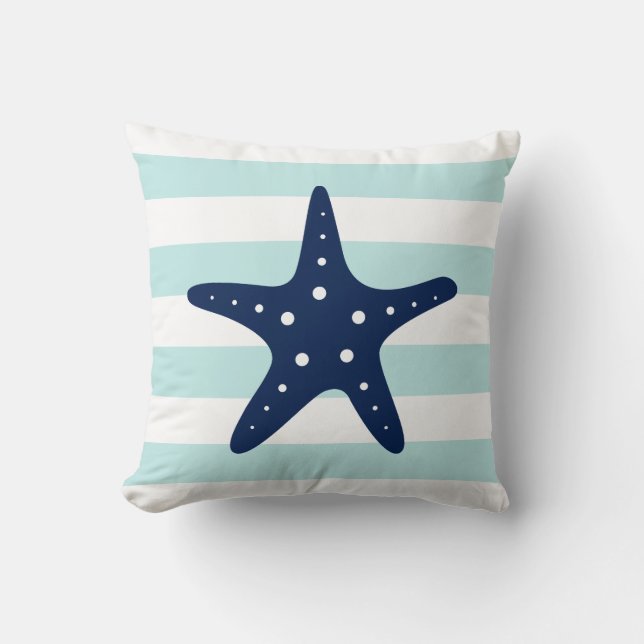 White Blue & Mint Wide Stripes Pattern Starfish Cushion (Front)