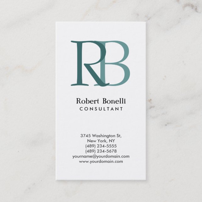 White Blue Modern Monogram Business Card (Front)