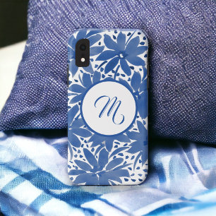 White Blue Monogrammed Floral Design  iPhone XR Case