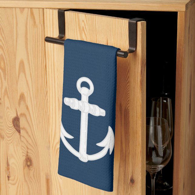 White/Blue Nautical Anchor Symbol Tea Towel (Thirds Fold)