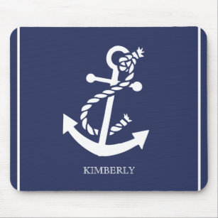 White & Blue Nautical Boat Anchor Mouse Mat