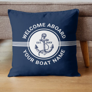 White & Blue Nautical Boat Wheel & Anchor Stripes Cushion
