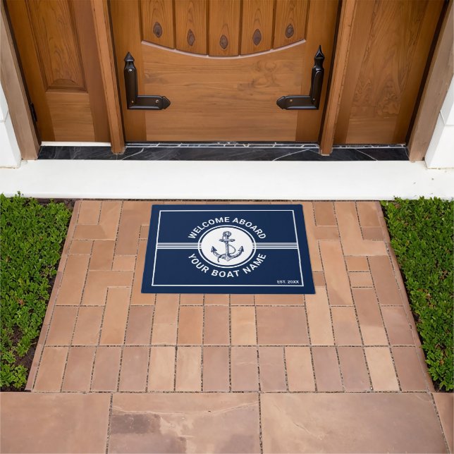 White & Blue Nautical Boat Wheel & Anchor Stripes Doormat (Outdoor)