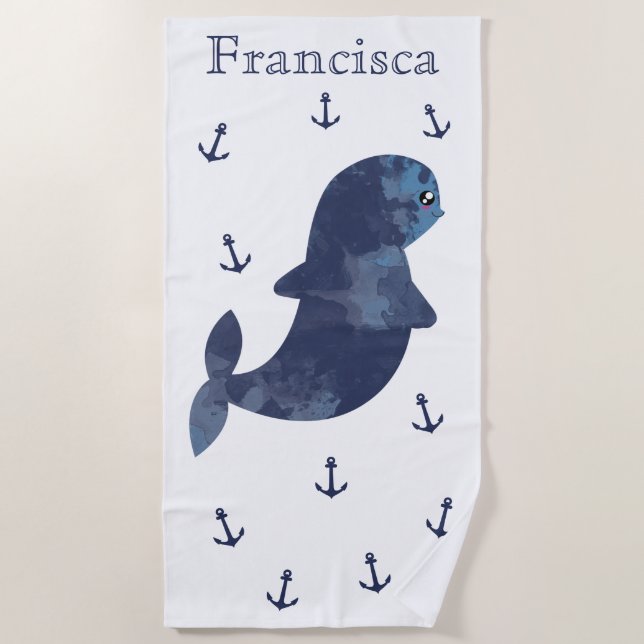 White Blue Navy Anchors Cute Kawaii Whale Nautical Beach Towel (Front)
