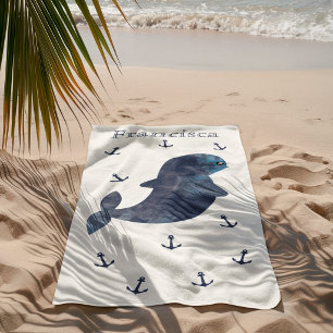 White Blue Navy Anchors Cute Kawaii Whale Nautical Beach Towel