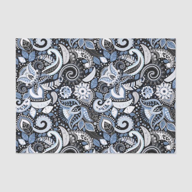 White & Blue Paisley Print Elegant Birthday Party Tissue Paper (Front)