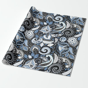 White & Blue Paisley Print Elegant Birthday Party Wrapping Paper