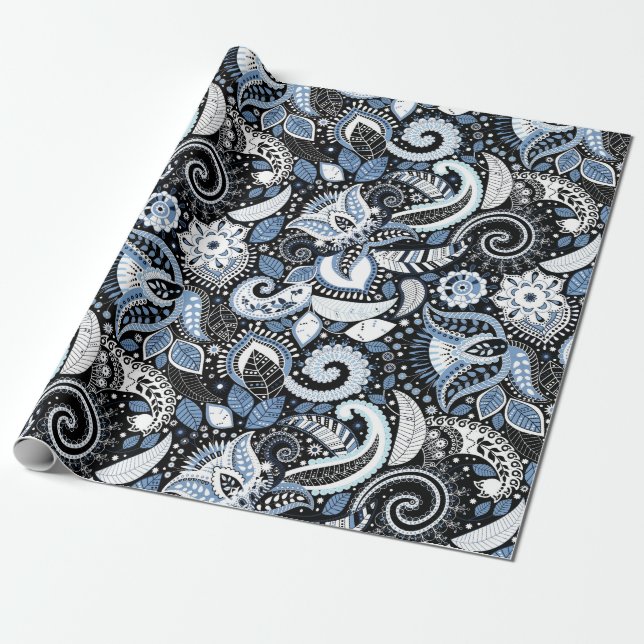 White & Blue Paisley Print Elegant Birthday Party Wrapping Paper (Unrolled)