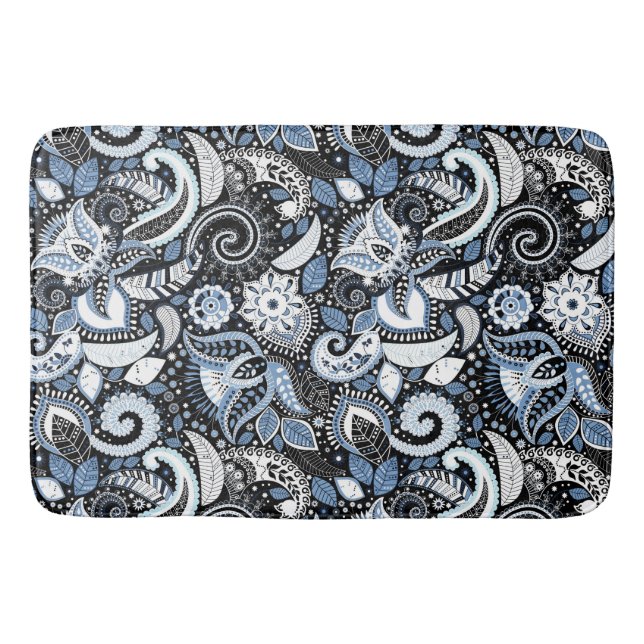 White & Blue Paisley Print Pattern Bath Mat (Front)