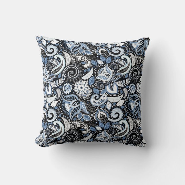 White & Blue Paisley Print Pattern Cushion (Front)