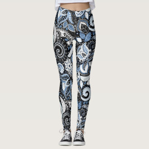 White & Blue Paisley Print Pattern Leggings