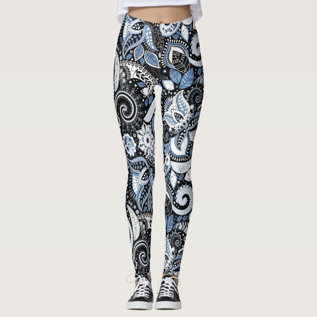 White & Blue Paisley Print Pattern Leggings (Front)