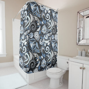 White & Blue Paisley Print Pattern Shower Curtain