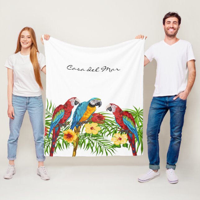 White blue parrots leaves summer house name fleece blanket (In Situ)