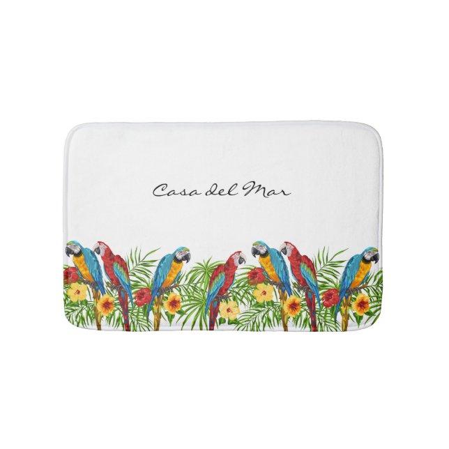 White blue parrots summer house name bath mat (Front)