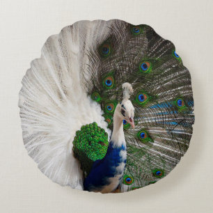 White Blue Peacock Round Cushion