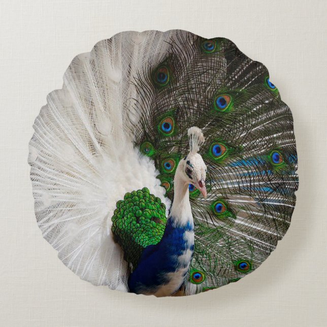White Blue Peacock Round Cushion (Front)