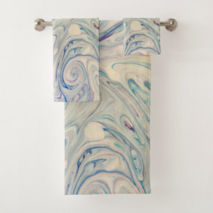 White Blue Pink Modern Abstract Fluid Marbling Art Bath Towel Set