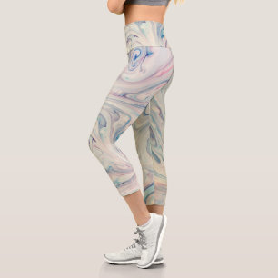 White Blue Pink Modern Abstract Fluid Marbling Art Capri Leggings