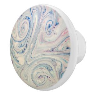 White Blue Pink Modern Abstract Fluid Marbling Art Ceramic Knob