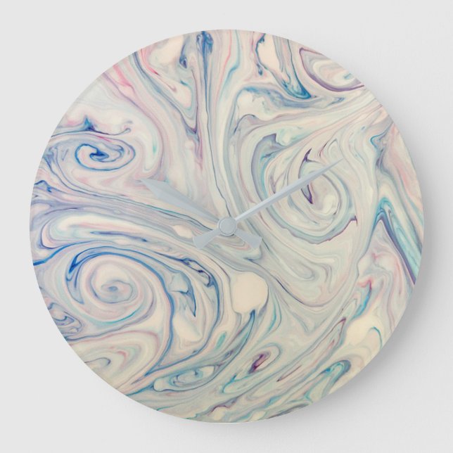 White Blue Pink Modern Abstract Fluid Marbling Art Large Clock (Front)