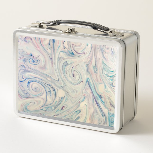 White Blue Pink Modern Abstract Fluid Marbling Art Metal Lunch Box (Front)