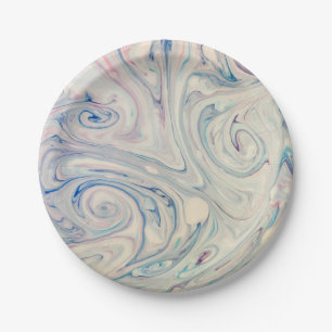 White Blue Pink Modern Abstract Fluid Marbling Art Paper Plate