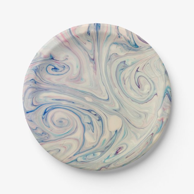 White Blue Pink Modern Abstract Fluid Marbling Art Paper Plate (Front)