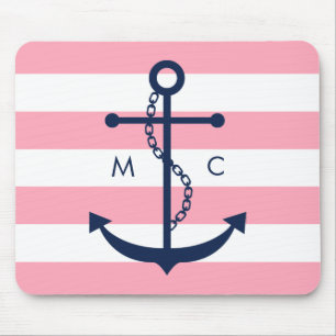 White Blue Pink Monogram Stripes Anchor Mouse Mat