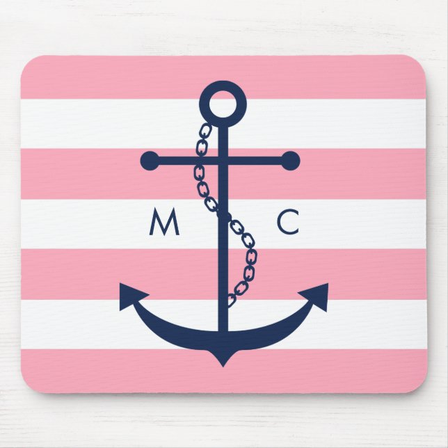 White Blue Pink Monogram Stripes Anchor Mouse Mat (Front)