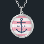 White Blue Pink Monogram Stripes Anchor Silver Plated Necklace<br><div class="desc">Stylish design features an anchor silhouette on wide stripes and can be personalised with your monogram,  initials,  name,  or any text of your choice.</div>