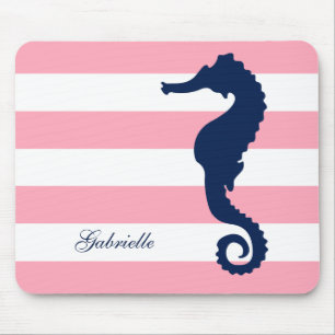 White Blue Pink Stripes Seahorse Mouse Mat