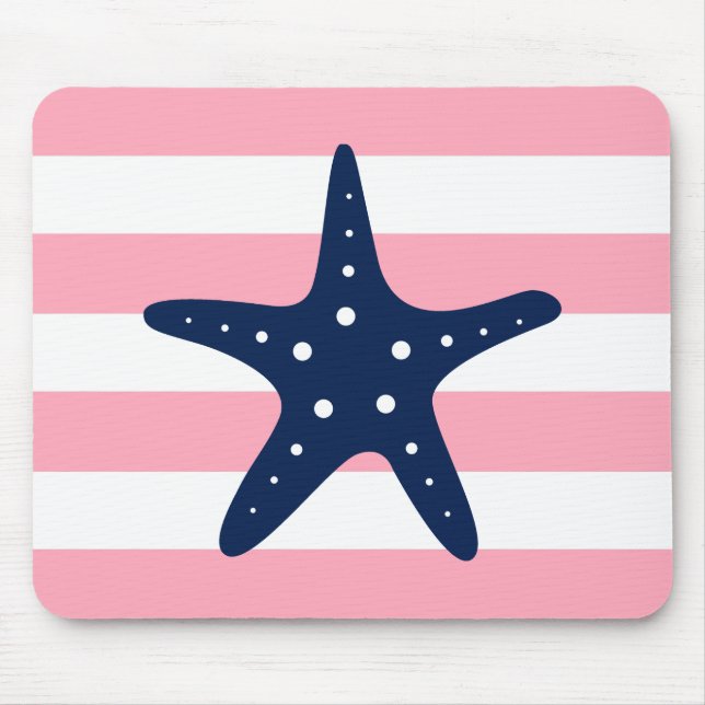 White Blue Pink Stripes Starfish Mouse Mat (Front)