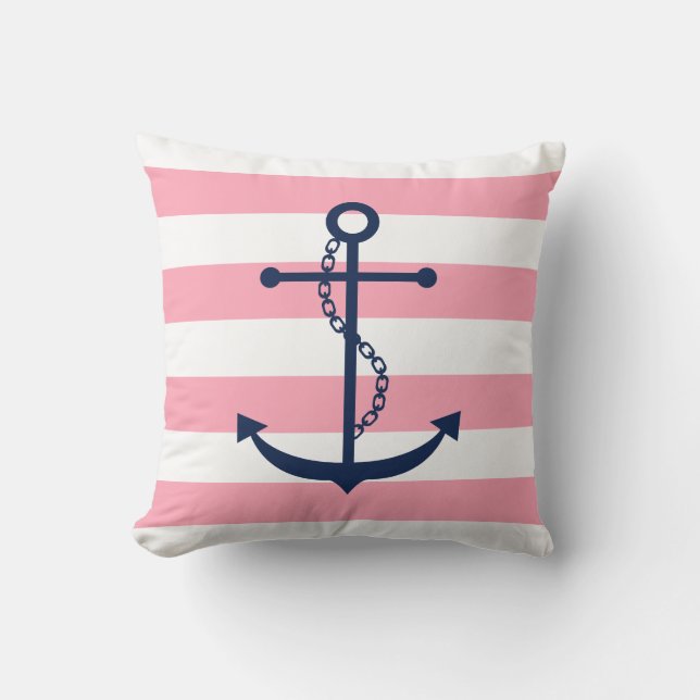 White Blue & Pink Wide Stripes Pattern Anchor Cushion (Front)