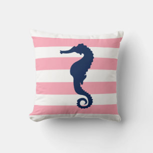 White Blue & Pink Wide Stripes Pattern Seahorse Cushion