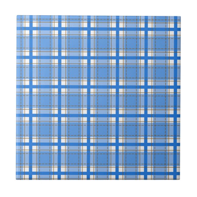 White Blue Plaid Horizontal Vertical Lines Squares Tile (Front)