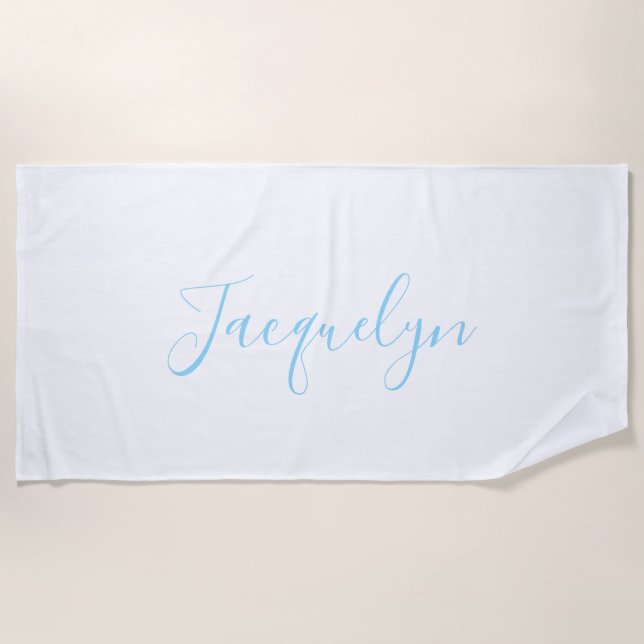 White Blue Plain Elegant Modern Calligraphy Name Beach Towel (Front)