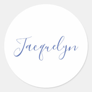 White Blue Plain Elegant Modern Calligraphy Name Classic Round Sticker
