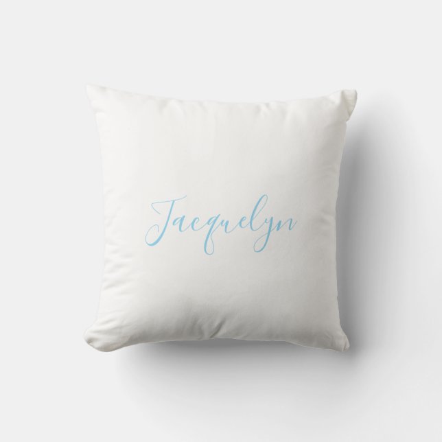 White Blue Plain Elegant Modern Calligraphy Name Cushion (Front)