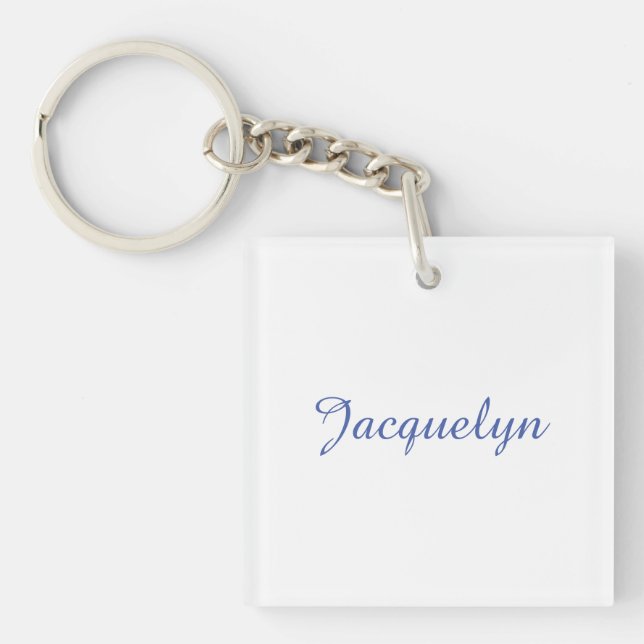 White Blue Plain Elegant Modern Calligraphy Name Key Ring (Front)