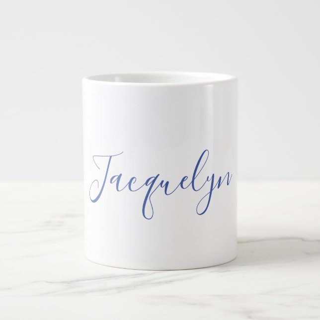 White Blue Plain Elegant Modern Calligraphy Name Large Coffee Mug (Front)